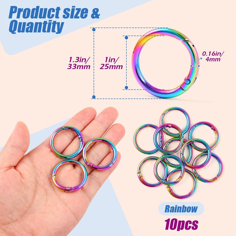 PECMER 1 Inch Spring O Rings Buckles-10 Pcs Rinbow Spring Gate Rings Clasps for Purse Shoulder Bag-Round Spring Hooks Carabiner Snap Clips for Handbag Key Chains DIY Crafts - Image 2
